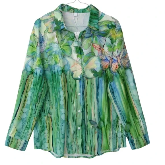 Green Butterfly Print Button Down Shirt Long Sleeve Blouse Nature Art Top Large - Picture 1 of 3